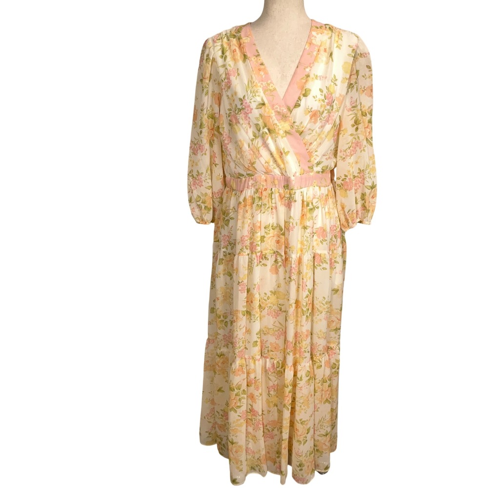 Taylor Dress Womens 14 Pink Yellow Chiffon Floral Maxi Tiered